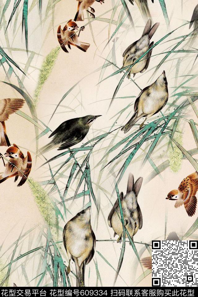小鸟叶子数码印花华亿平台下载（图片编号: 609334） - 瓦栏（Walan）