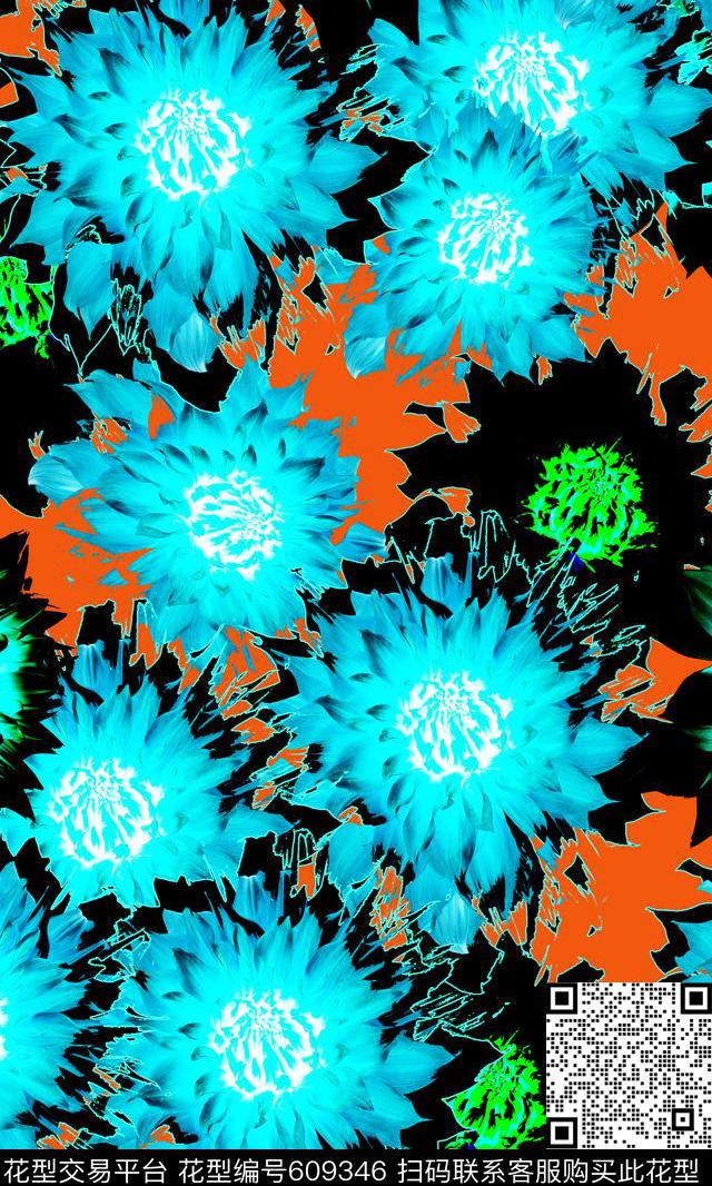 花卉组合写意花卉数码印花华亿平台下载（图片编号: 609346） - 瓦栏（Walan）