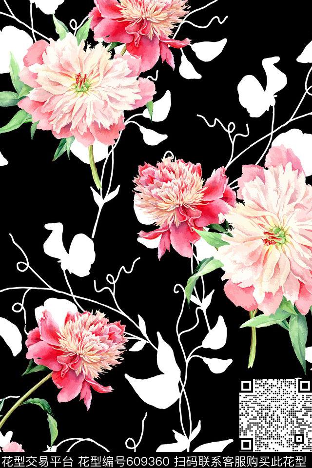 绣球花百合玉兰花数码印花华亿平台下载（图片编号: 609360） - 瓦栏（Walan）