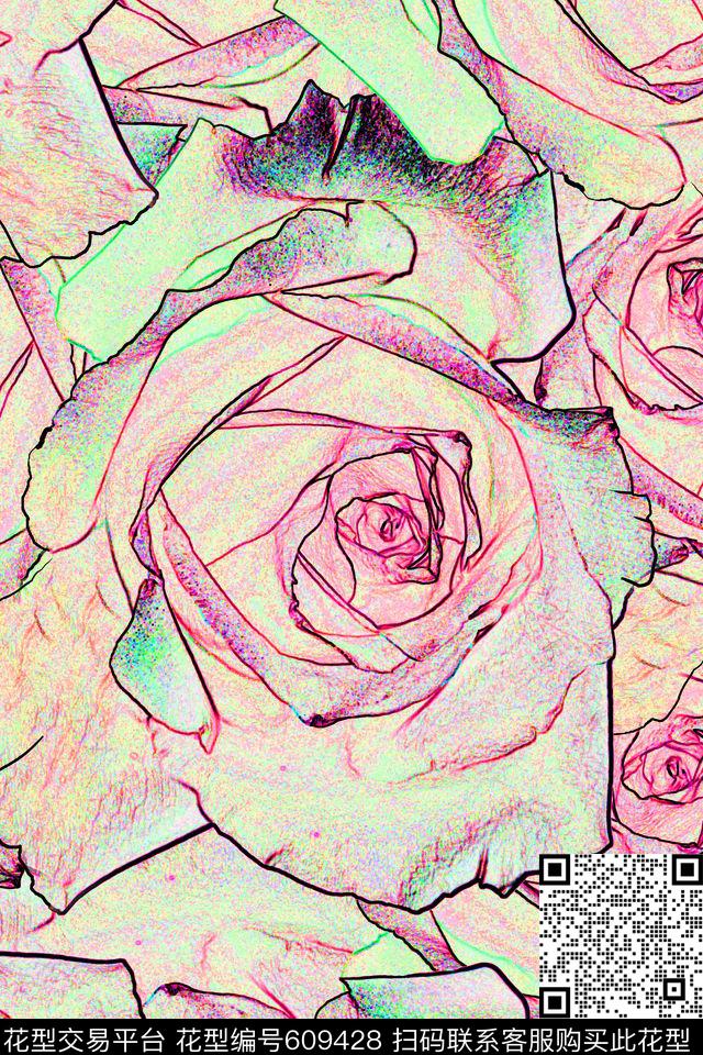 花卉潮流时尚线条数码印花华亿平台下载（图片编号: 609428） - 瓦栏（Walan）