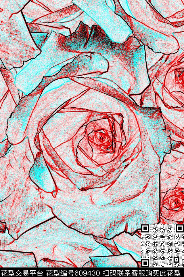 花卉潮流时尚线条数码印花华亿平台下载（图片编号: 609430） - 瓦栏（Walan）