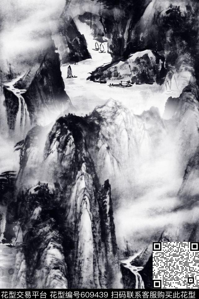 中国风工笔画水墨数码印花华亿平台下载（图片编号: 609439） - 瓦栏（Walan）