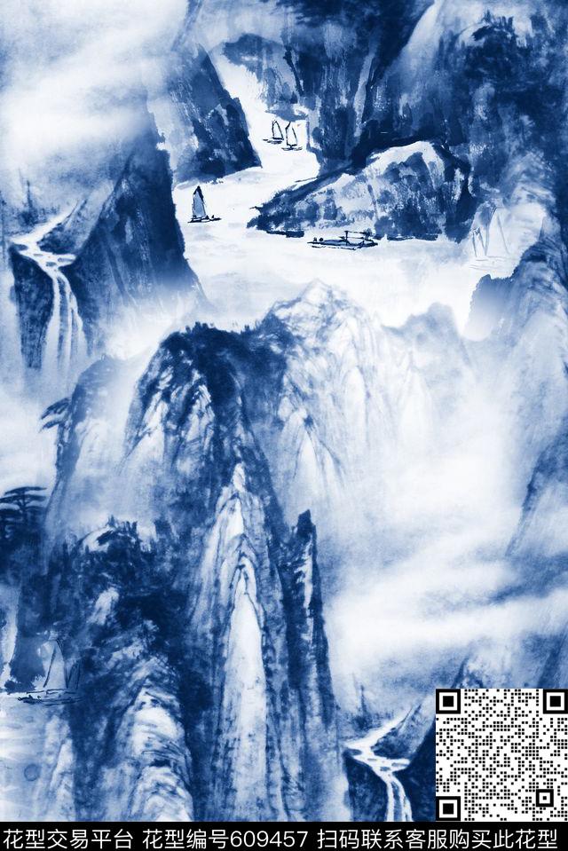 中国风工笔画水墨数码印花华亿平台下载（图片编号: 609457） - 瓦栏（Walan）