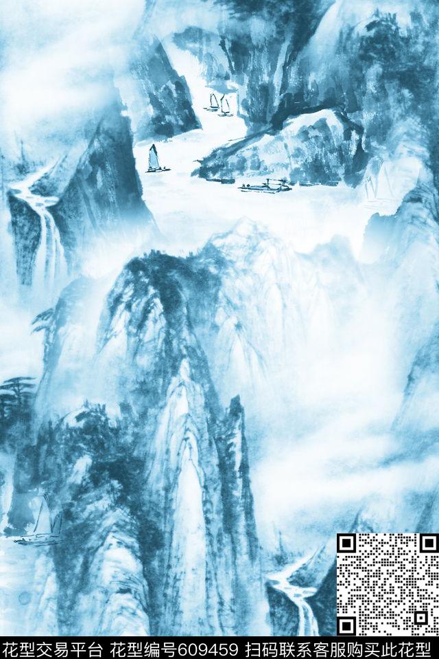 中国风工笔画水墨数码印花华亿平台下载（图片编号: 609459） - 瓦栏（Walan）