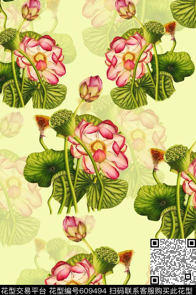 裙装荷叶荷花花卉数码印花华亿平台下载（图片编号: 609494） - 瓦栏（Walan）