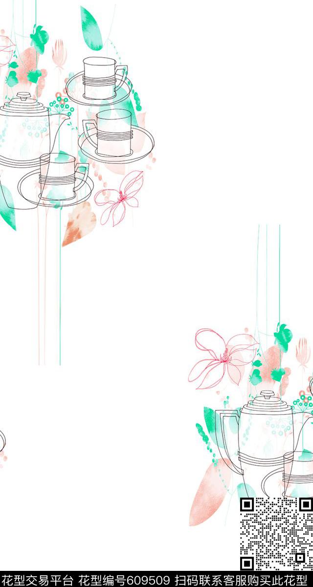 2017年春夏女装新华亿平台手绘抽象几何线条大牌趣味茶具华亿平台传统印花华亿平台下载（图片编号: 609509） - 瓦栏（Walan）