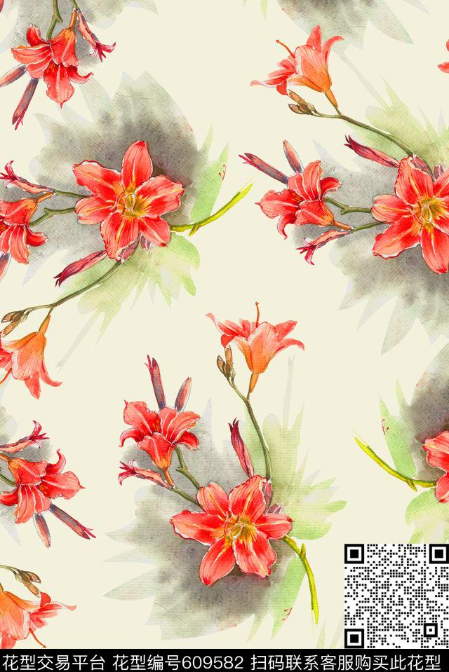 清爽时尚花卉手绘花卉中国风数码印花华亿平台下载（图片编号: 609582） - 瓦栏（Walan）
