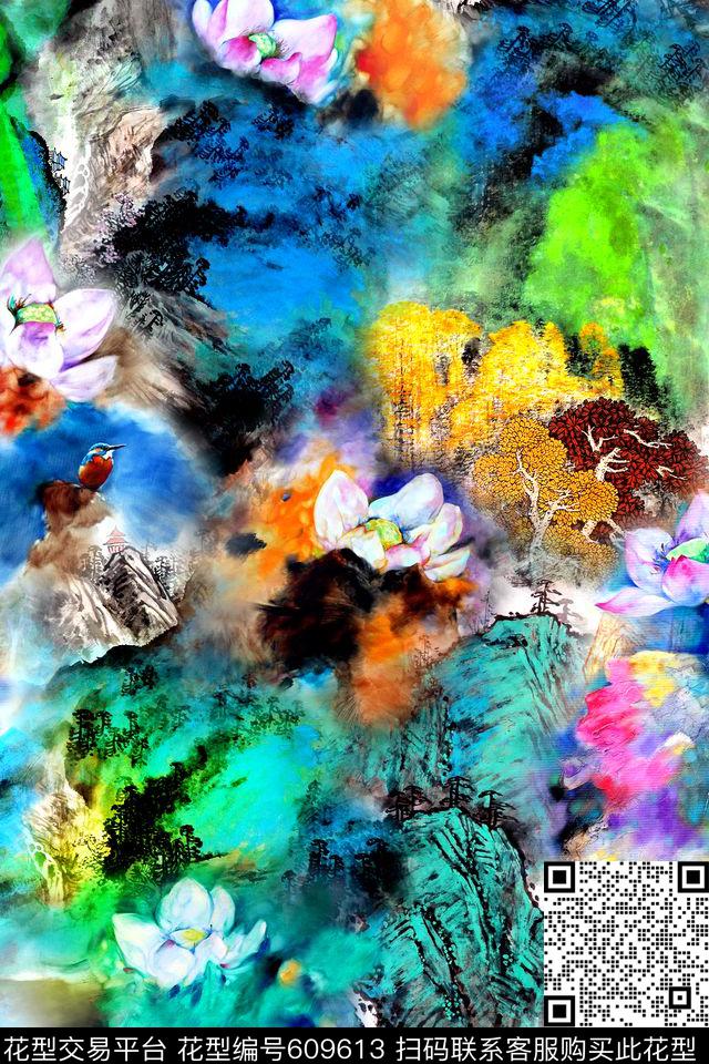 水墨国画荷花数码印花华亿平台下载（图片编号: 609613） - 瓦栏（Walan）