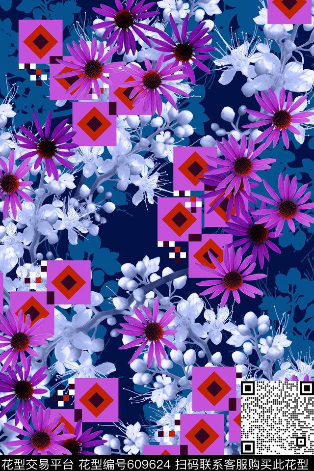 小方块手绘花朵原创数码印花华亿平台下载（图片编号: 609624） - 瓦栏（Walan）