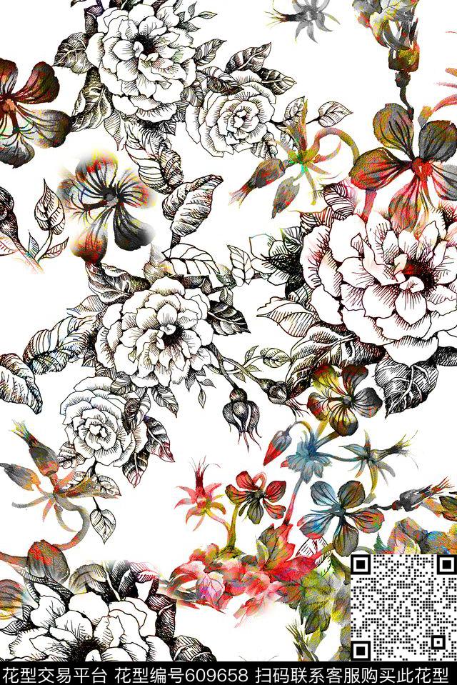 碎花抽象花卉数码印花华亿平台下载（图片编号: 609658） - 瓦栏（Walan）