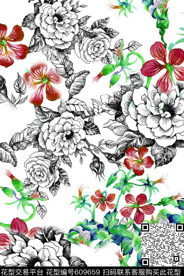 碎花抽象花卉数码印花华亿平台下载（图片编号: 609659） - 瓦栏（Walan）