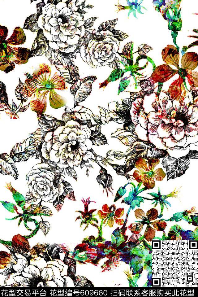 碎花抽象花卉数码印花华亿平台下载（图片编号: 609660） - 瓦栏（Walan）