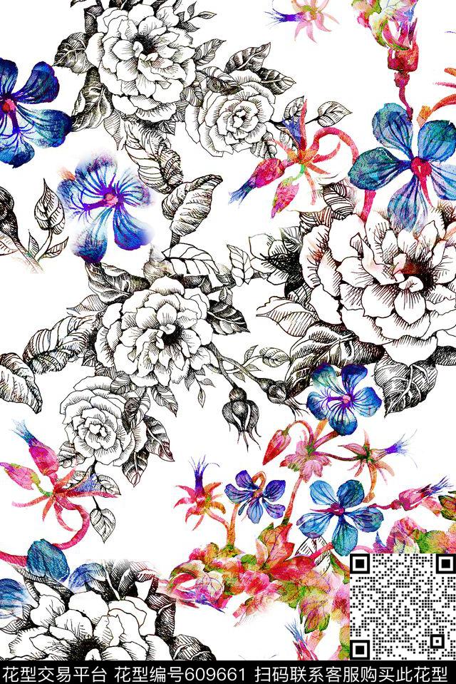 碎花抽象花卉数码印花华亿平台下载（图片编号: 609661） - 瓦栏（Walan）