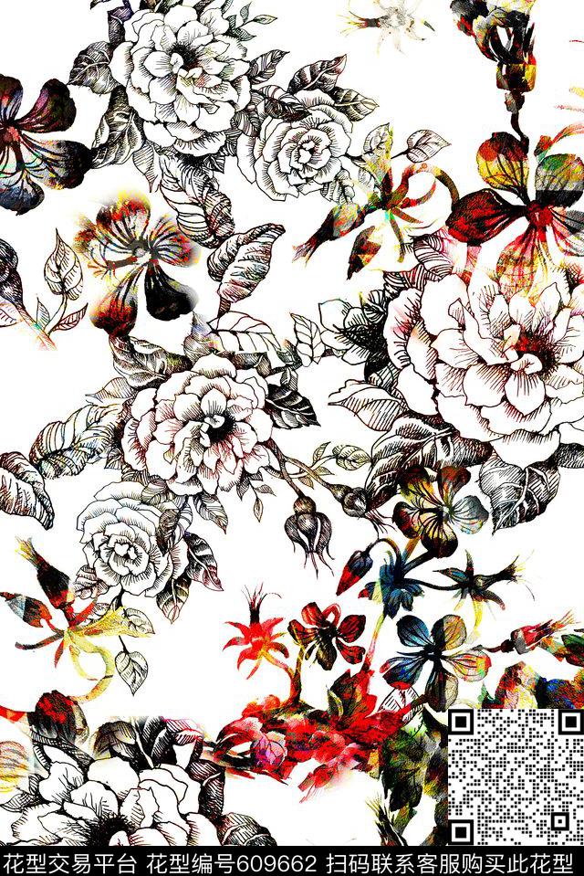 碎花抽象花卉数码印花华亿平台下载（图片编号: 609662） - 瓦栏（Walan）