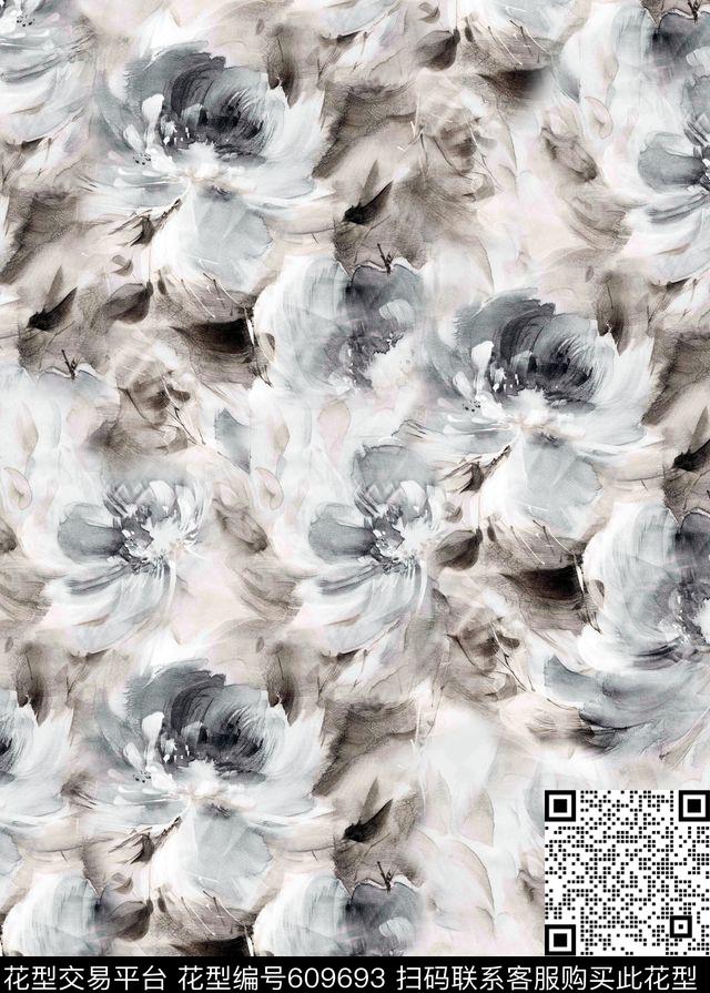 玫瑰牡丹水墨数码印花华亿平台下载（图片编号: 609693） - 瓦栏（Walan）