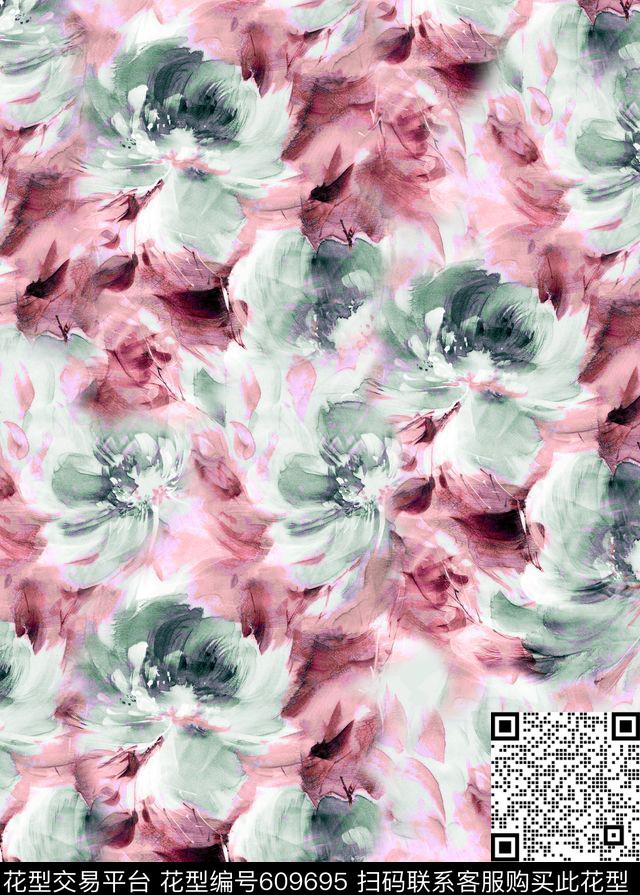 玫瑰牡丹水墨数码印花华亿平台下载（图片编号: 609695） - 瓦栏（Walan）