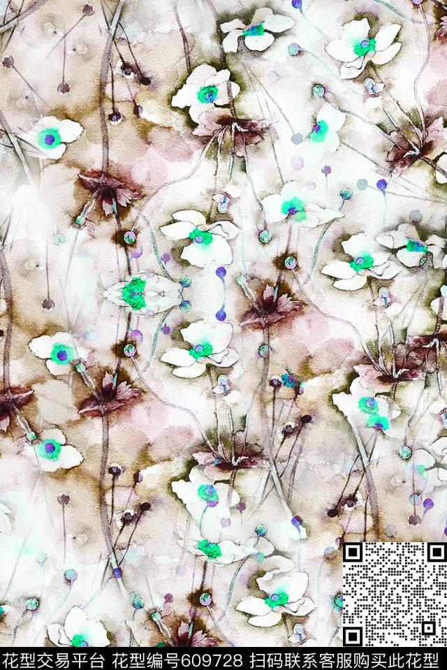 水彩碎花水墨数码印花华亿平台下载（图片编号: 609728） - 瓦栏（Walan）