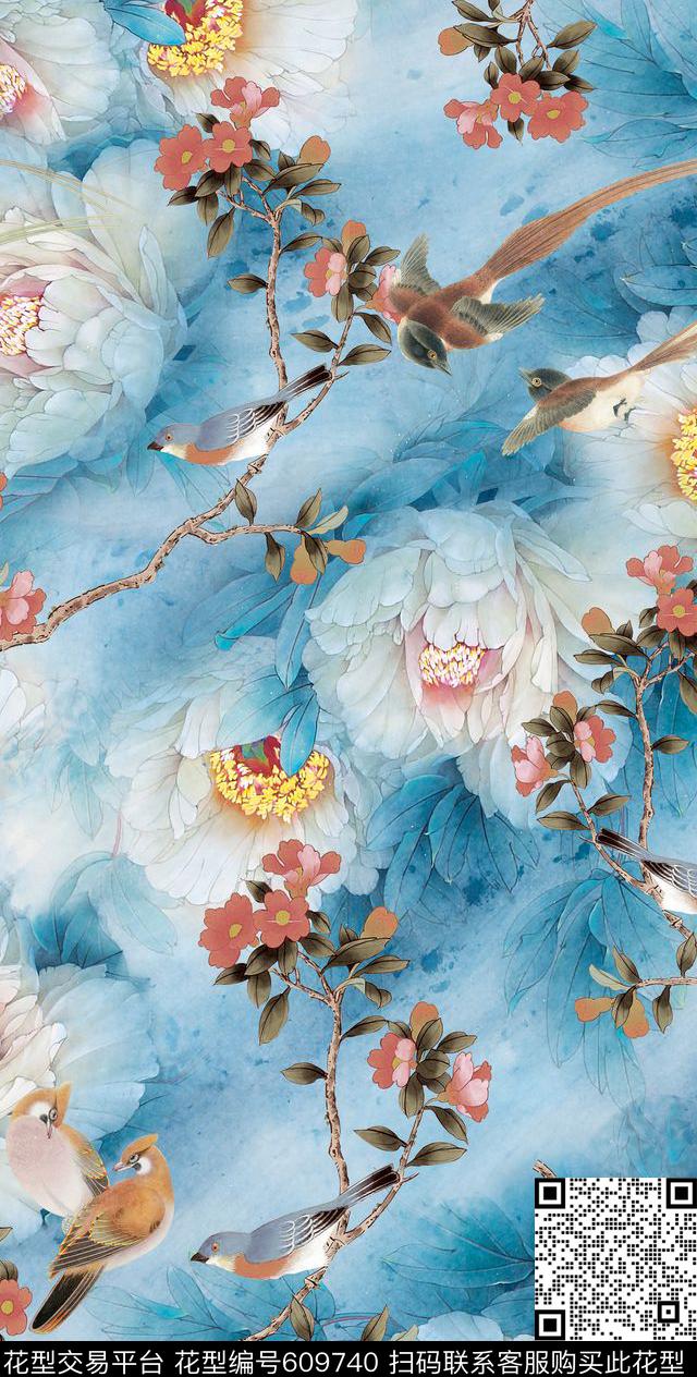 中国风花鸟工笔花鸟数码印花华亿平台下载（图片编号: 609740） - 瓦栏（Walan）