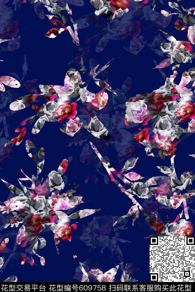 时尚女装印花旗袍印花抽象花卉数码印花华亿平台下载（图片编号: 609758） - 瓦栏（Walan）