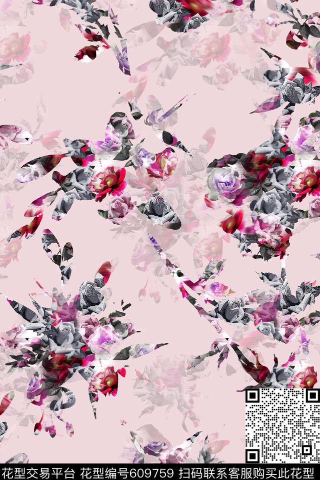 时尚女装印花旗袍印花抽象花卉数码印花华亿平台下载（图片编号: 609759） - 瓦栏（Walan）