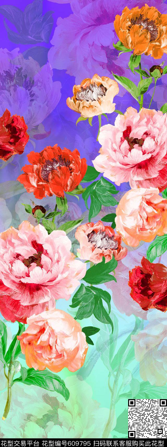 手绘定位大花数码印花华亿平台下载（图片编号: 609795） - 瓦栏（Walan）