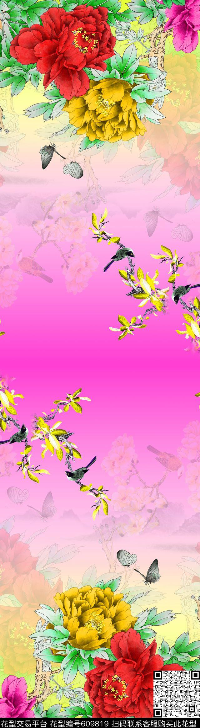 双边定位花卉。围巾华亿平台数码印花华亿平台下载（图片编号: 609819） - 瓦栏（Walan）