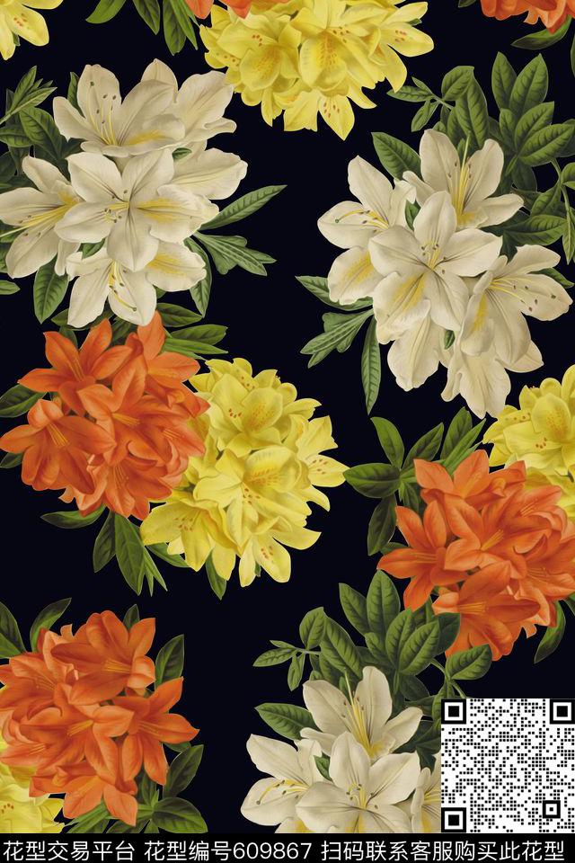 时尚水彩花卉服装数码印花华亿平台下载（图片编号: 609867） - 瓦栏（Walan）