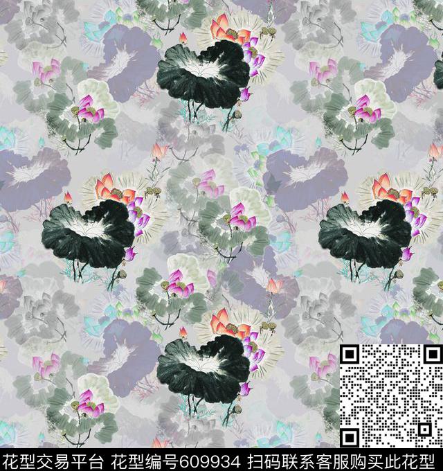 旗袍手绘水墨数码印花华亿平台下载（图片编号: 609934） - 瓦栏（Walan）