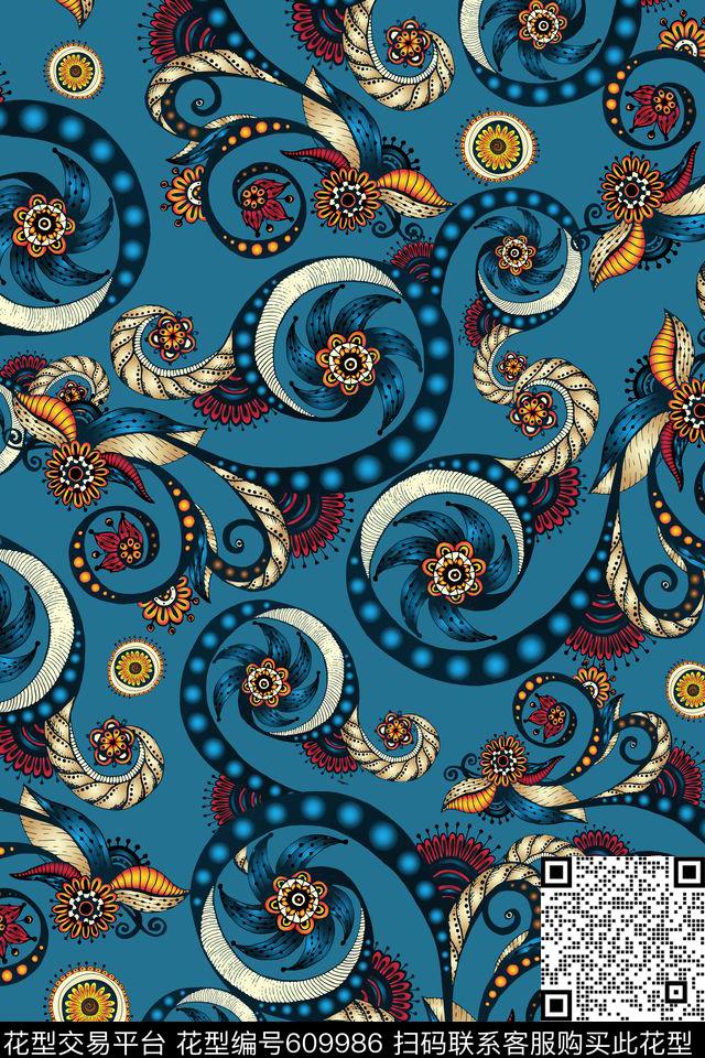 手绘民族风时尚花纹数码印花华亿平台下载（图片编号: 609986） - 瓦栏（Walan）