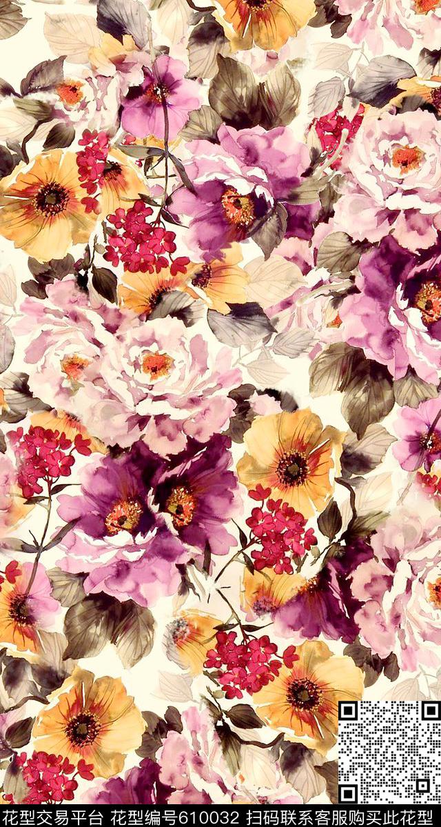 手绘花卉花卉国外手绘花卉数码印花华亿平台下载（图片编号: 610032） - 瓦栏（Walan）