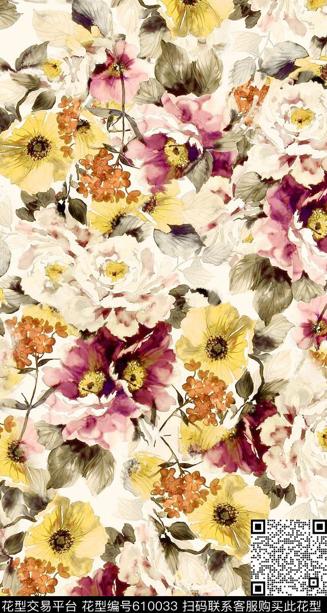 手绘花卉花卉国外手绘花卉数码印花华亿平台下载（图片编号: 610033） - 瓦栏（Walan）