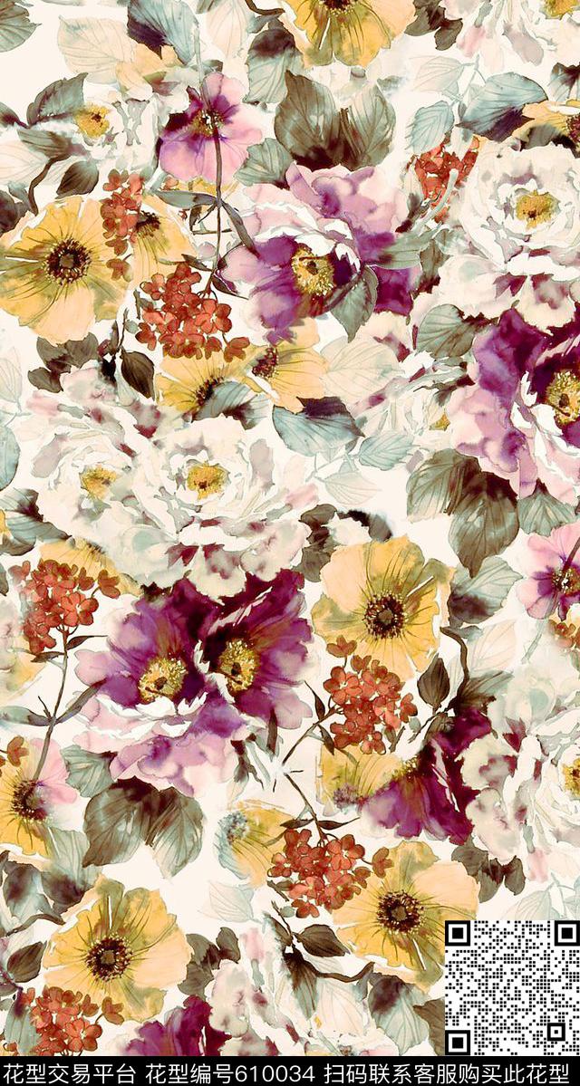 手绘花卉花卉国外手绘花卉数码印花华亿平台下载（图片编号: 610034） - 瓦栏（Walan）