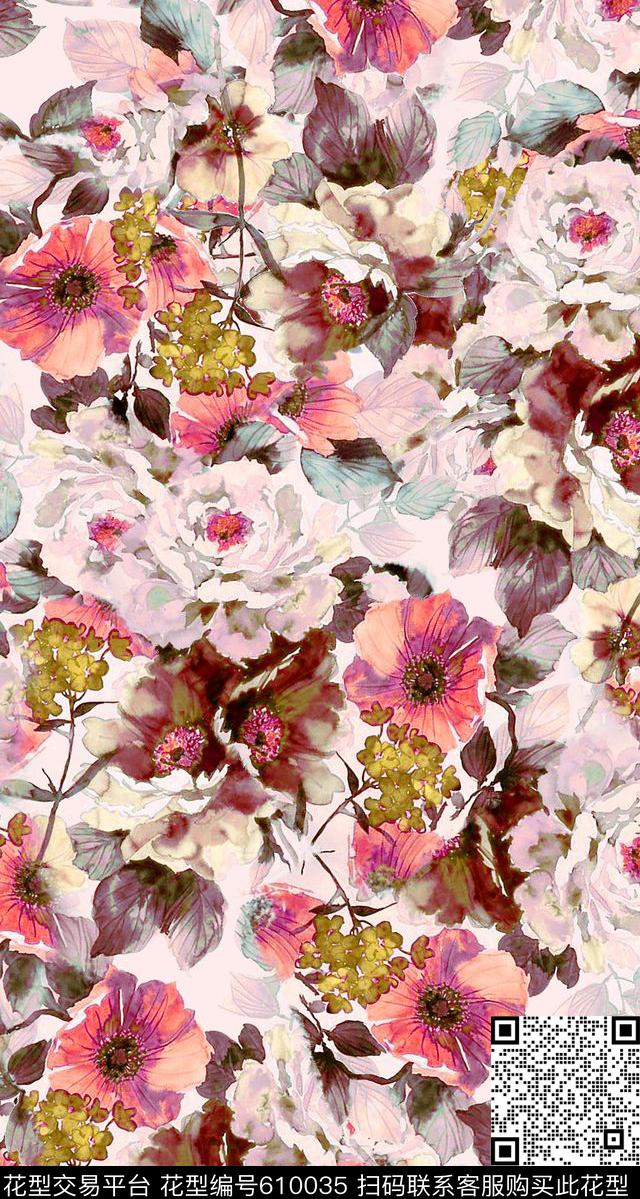 手绘花卉花卉国外手绘花卉数码印花华亿平台下载（图片编号: 610035） - 瓦栏（Walan）