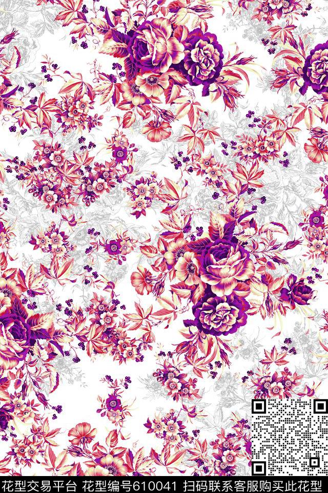 手绘笔触乱花数码印花华亿平台下载（图片编号: 610041） - 瓦栏（Walan）