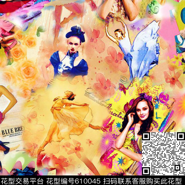 中国风水墨人物数码印花华亿平台下载（图片编号: 610045） - 瓦栏（Walan）