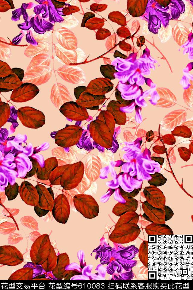 花卉水彩叶子数码印花华亿平台下载（图片编号: 610083） - 瓦栏（Walan）