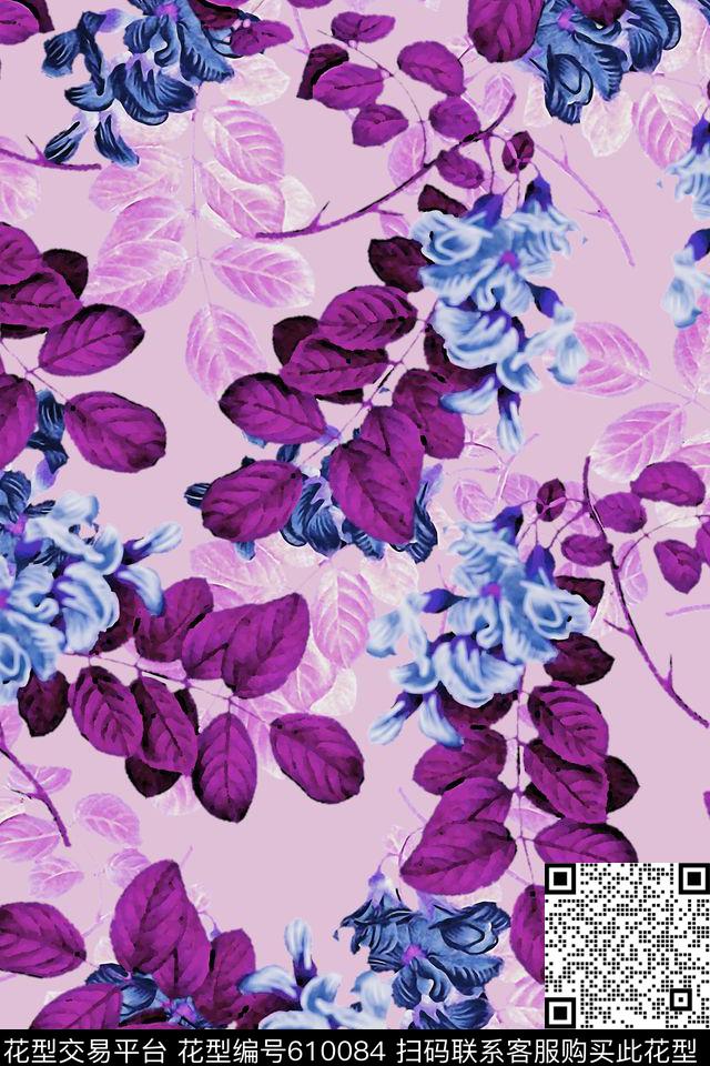 花卉水彩叶子数码印花华亿平台下载（图片编号: 610084） - 瓦栏（Walan）
