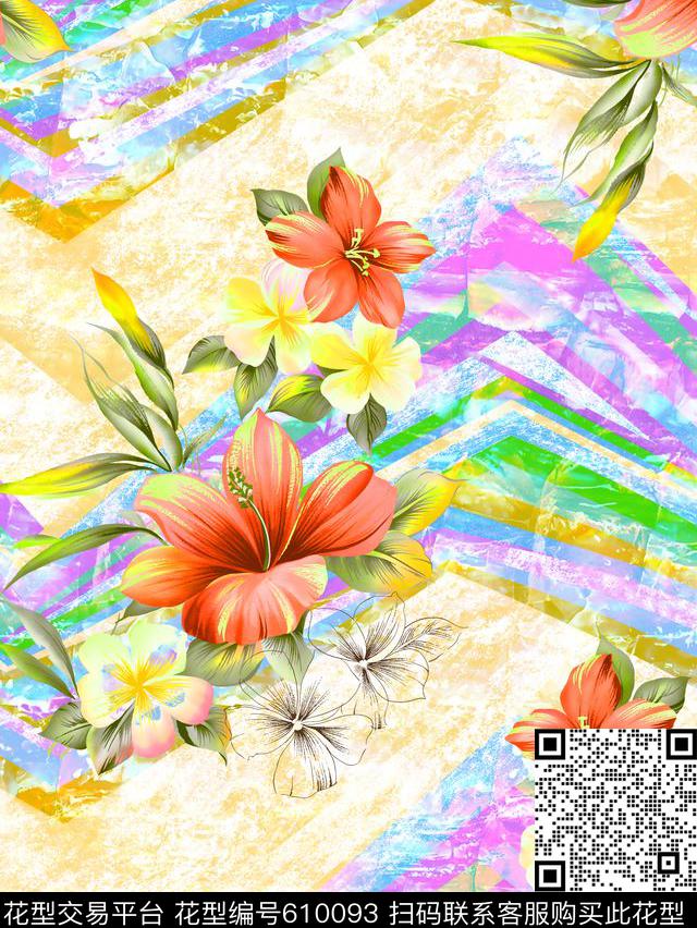 抽象几何清爽梦幻艺术平底立体手绘满版最新高清数码蕾丝民族中国风绣花珠宝肌理时尚潮

流大牌复古欧美风水彩花卉纹理底纹女装裙数码印花华亿平台下载（图片编号: 610093） - 瓦栏（Walan）