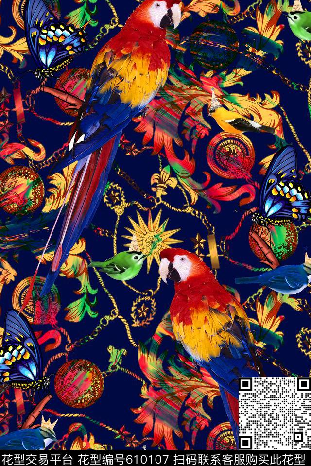 抽象几何清爽梦幻艺术平底立体手绘满版最新高清数码蕾丝民族中国风绣花珠宝肌理时尚潮

流大牌复古欧美风鹰鵡鸟蝴蝶宫庭纹理数码印花华亿平台下载（图片编号: 610107） - 瓦栏（Walan）