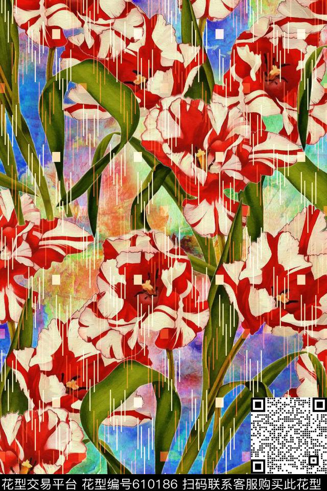 水彩花卉几何数码印花华亿平台下载（图片编号: 610186） - 瓦栏（Walan）