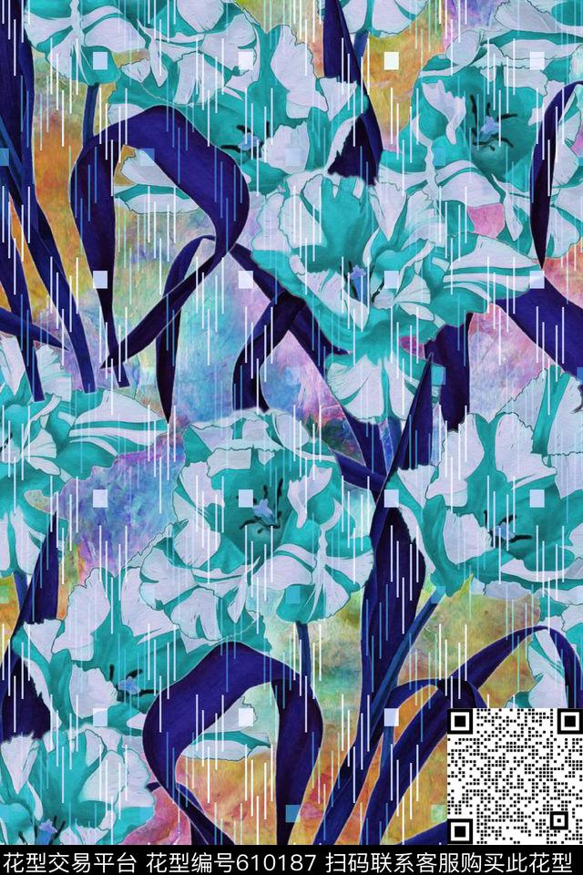水彩花卉几何数码印花华亿平台下载（图片编号: 610187） - 瓦栏（Walan）