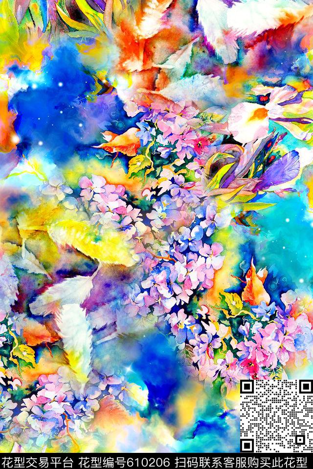 水彩叶子花卉数码印花华亿平台下载（图片编号: 610206） - 瓦栏（Walan）