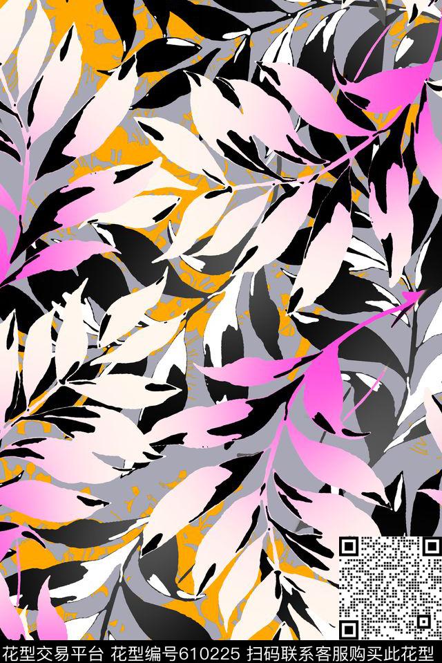 手绘大气原创抽象绿植树叶数码印花华亿平台下载（图片编号: 610225） - 瓦栏（Walan）