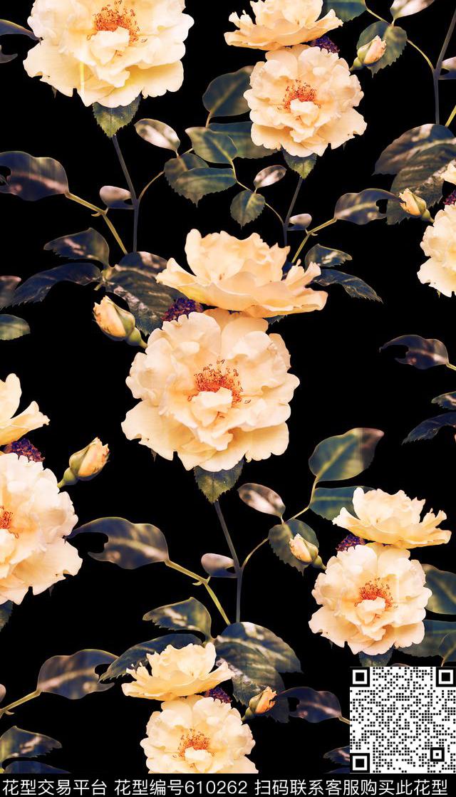 黑底枝条、朦胧花卉数码印花华亿平台下载（图片编号: 610262） - 瓦栏（Walan）