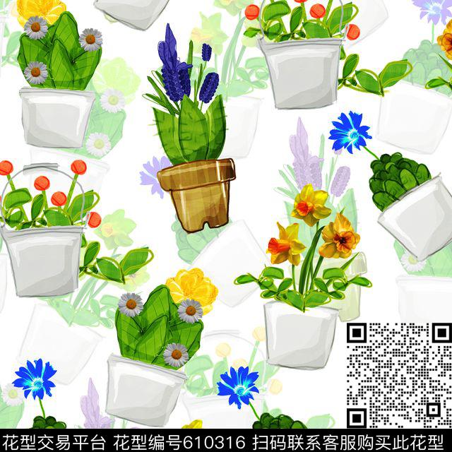 清新小盆栽花卉数码印花华亿平台下载（图片编号: 610316） - 瓦栏（Walan）