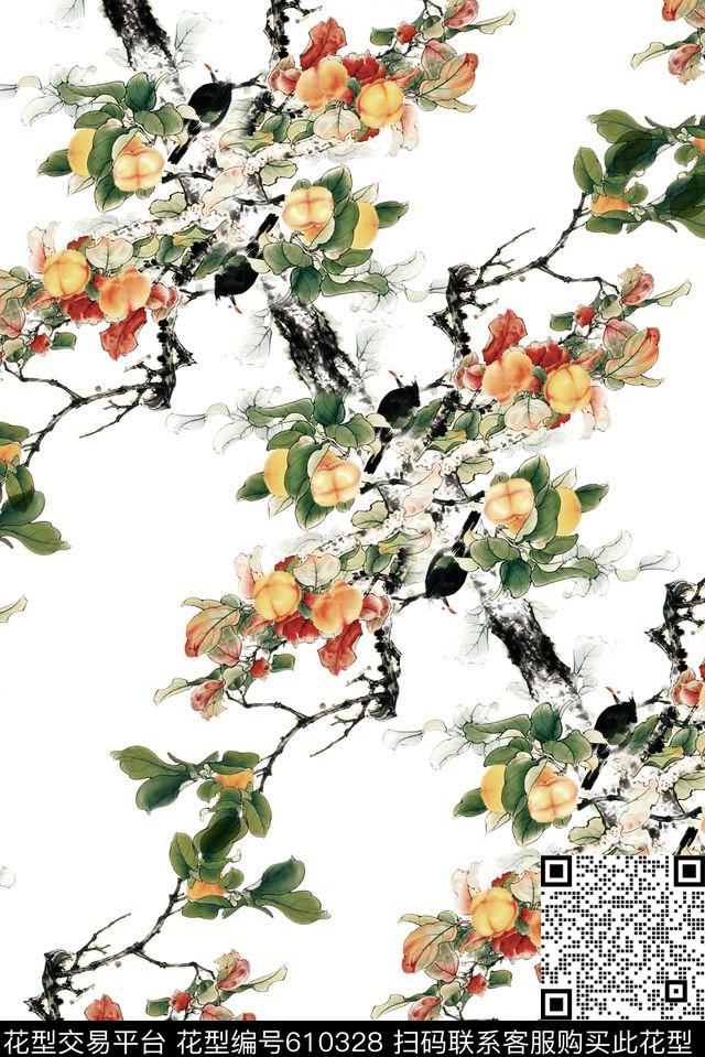 水墨树枝梨花数码印花华亿平台下载（图片编号: 610328） - 瓦栏（Walan）