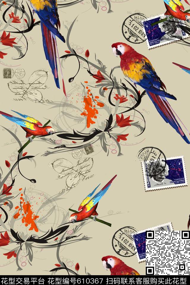 欧式邮票鹦鹉数码印花华亿平台下载（图片编号: 610367） - 瓦栏（Walan）