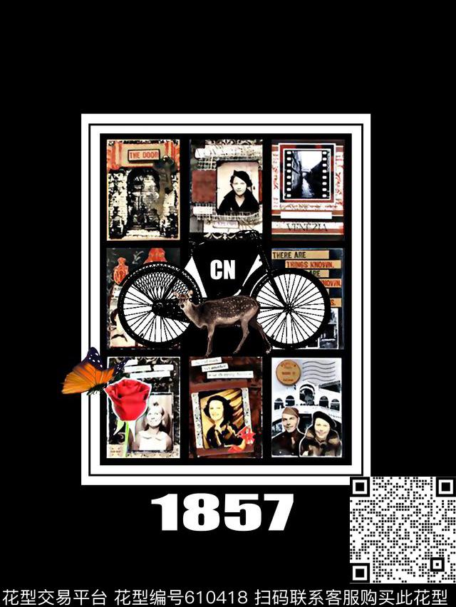 复古邮票鹿蝴蝶数码印花华亿平台下载（图片编号: 610418） - 瓦栏（Walan）