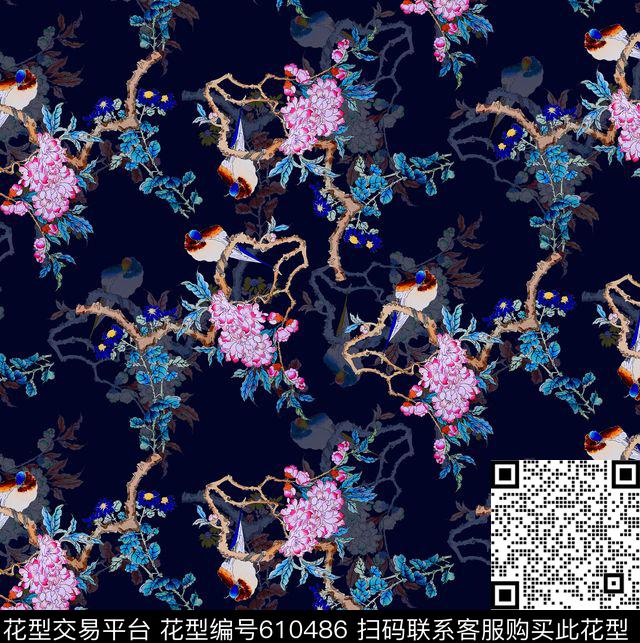 旗袍鸟树枝数码印花华亿平台下载（图片编号: 610486） - 瓦栏（Walan）