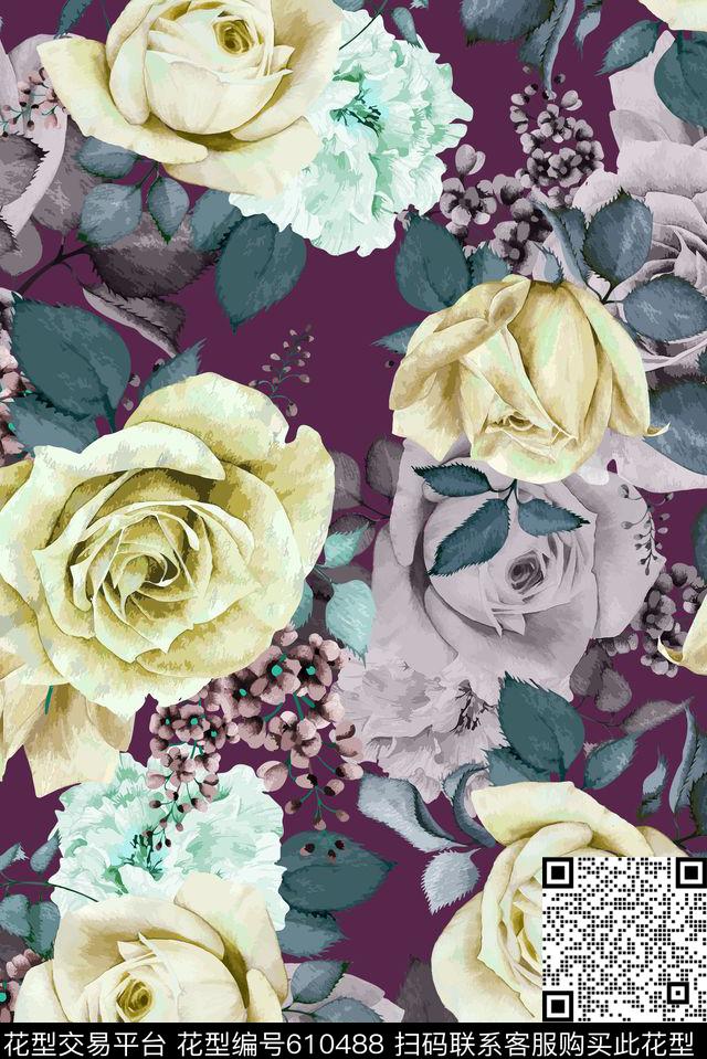 清爽玫瑰花朵数码印花华亿平台下载（图片编号: 610488） - 瓦栏（Walan）
